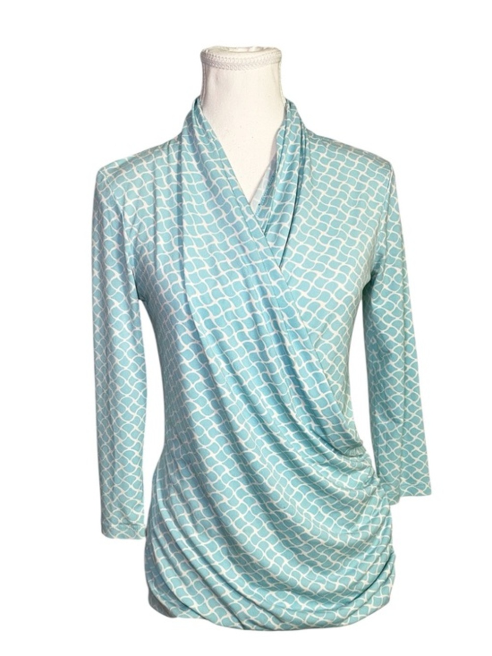 CHAUS New York | Light Blue & White Geometric Faux Wrap Top | Size S